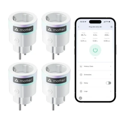 Abbildung von SwitchBot Plug Mini Matter fähig mit Leistungsüberwachung 4er Pack, WLAN &amp;Bluetooth Steuerung, kompatibel Alexa, Google Home, Apple Home und Assistant, Sprachsteuerung&amp;App Zugriff, 16A Type F