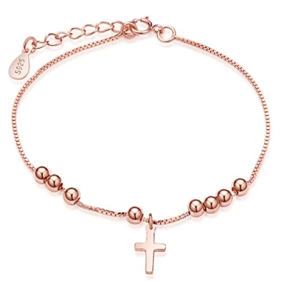 Abbildung von Unendlich U Fashion Damen Charm Armband 925 Sterling Silber Kreuz Kugeln Beads Armkette Verstellbar Armkettchen Armreif, Rosegold