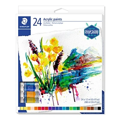 Abbildung von STAEDTLER 8500 C24 Acrylfarben (hoch pigmentiert, weicher Farbabstrich, leicht mischbar, Künstlerqualität) Kartonetui mit 24 brillanten Farbtuben à 12 ml