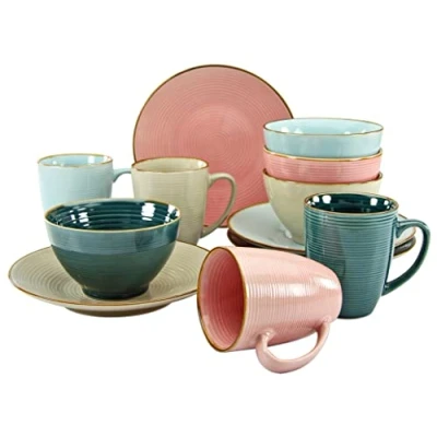 Abbildung von CreaTable Frühstücks Geschirrset »Service, Cosy Morning (Teller, Schale, Kaffeebecher)«, (Set, 12 tlg., Kaffeebecher, Dessertteller und Müslischalen im Set, für 4 Personen), Kreisstruktur, in Pastell Farben, Teile, Personen