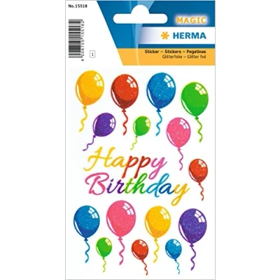 Abbildung von HERMA 15518 Aufkleber Geburtstag Glitzer, 16 Stück, Geschenk Sticker mit Luftballons Happy Birthday Schriftzug, Erwachsene Kinder Geschenkaufkleber für Glückwünsche Herzlichen Glückwunsch Dekoration