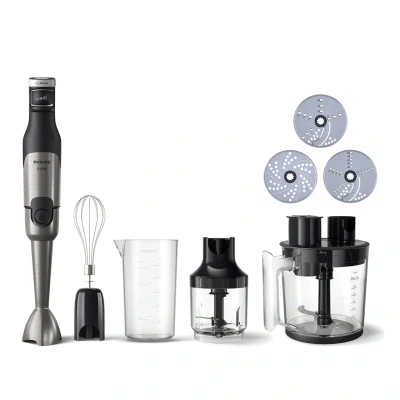 Abbildung von Philips 5000 Serie Stabmixer inkl. Zerkleinerer, Kompakthacker, Schneebesen 1200W Leistung. ProMix Technologie. LED Geschwindigkeitsanzeiger. Stufenlose Geschwindigkeitseinstellung (HR2685/00)
