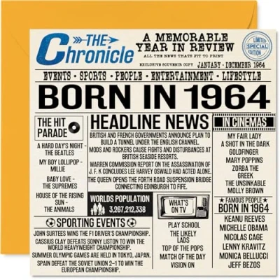 Abbildung von Geburtstagskarte zum 60. Geburtstag für Männer und Frauen, Zeitung &quot;Born in 1964 Newspaper Happy 60 Birthday Card for Grandad Grandma Nan Vintage Retro Back 1964, 145 mm x Sixty Sixtieth