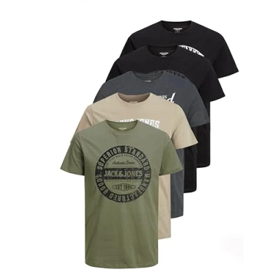 Abbildung von JACK &amp; JONES Herren JJECORP Logo Tee SS Crew Neck 5er Pack Kurzarm T Shirt, E, DustyOlive/2xBlack/DGM/Crockery, XXXL