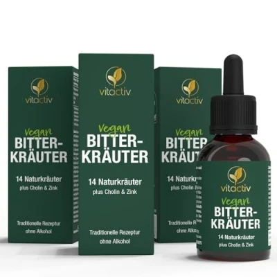 Abbildung von VITACTIV Bitterkräuter Bittertropfen Ohne Alkohol Erlesene Kräuter plus Cholin &amp; Zink Bitterstoffe Tropfen nach Hildegard von Bingen Künstliche Zusätze, Zuckerfrei, Vegan 150ml