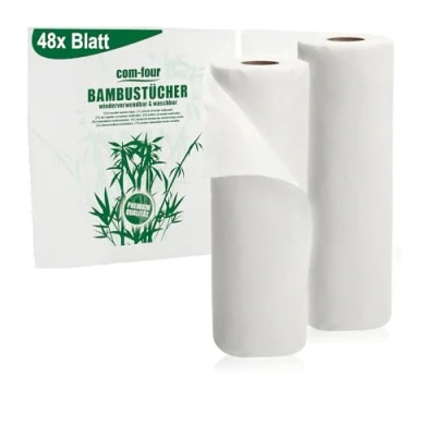 Abbildung von com four® Doppelpack Küchenrolle, 48 Blatt saugstarke Allzwecktücher, Wiederverwendbare und waschbare Haushaltstücher, umweltfreundliches Naturprodukt (2 Rollen à 24 weiß)