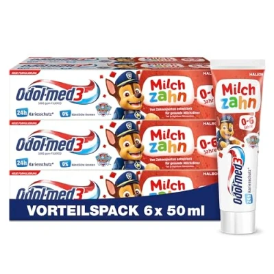 Abbildung von Odol med3 Milchzahn Zahnpasta, Zahncreme für Kinder von 0 bis 6 Jahren, Zahnexperten entwickelt gesunde Milchzähne, 6x 50ml