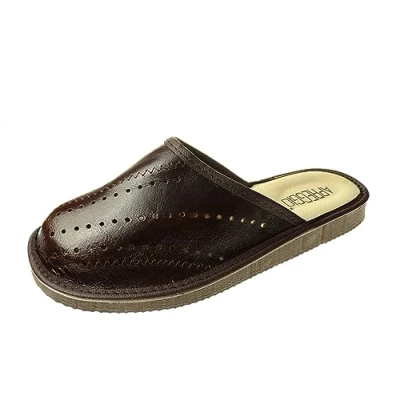 Abbildung von APREGGIO Hausschuhe Herren Leder Pantoffeln Bequeme Slippers Komfort Herrenhausschuhe Dunkelbraun Größe 44