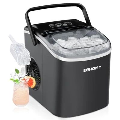 Abbildung von EUHOMY Eiswürfelmaschine Klein, 12KG Eiswürfelbereiter Ice Maker, 9 Würfel in 6 Minuten fertig, Schwarz mit Tragbarem Griff, 12KG/24H, Selbstreinigendes Eiswürfelmaschinen