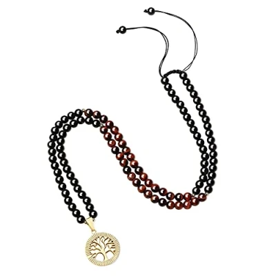 Abbildung von COAI Geschenkideen Unisex Verstellbare 108 Mala Kette Gebetskette aus Rotem Tigerauge und Obsidian mit Lebensbaum Charm
