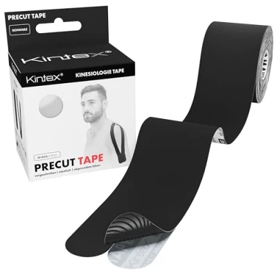 Abbildung von Kintex Kinesiologie Tape vorgeschnitten, 20 Streifen á 25 cm x 5 cm, PreCut Tape, hautfreundlich, wasserfest, für Sport &amp; Physiotherapie (Schwarz)