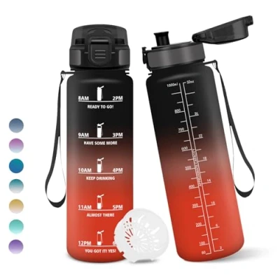 Abbildung von Motswedi Trinkflasche 1000ml, BPA Frei, Sport, Auslaufsicher, Wasserflasche, Kohlensäure Geeignet, Sport Trinkflasche, Trinkflaschen für Schule, Fahrrad, Kinder, Outdoors, Schwarz und Rot
