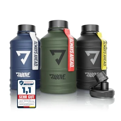 Abbildung von ABOVE. Edelstahl Trinkflasche 1.3L / 2.2L BPA frei, Auslaufsicher, Robuste Metallflasche mit Extra Trinkverschluss I Ideal für Sport, Fitness &amp; Outdoor (nicht isoliert) (Blau, 2.2L)