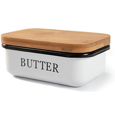 Abbildung von Theo&amp;Cleo Butterdose mit Holzdeckel, Butterglocke für 250 g Butter, Multi Funktion Butter Dish, Bambusdeckel, Weiß