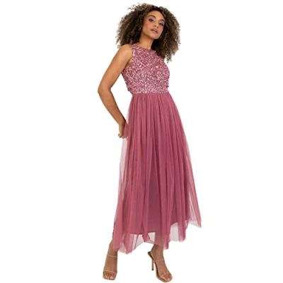Abbildung von Maya Deluxe Vrouwen Midaxi Jurk Dames Mouwloze Pailletten Hoge Empire Taille Tule Versierd voor Bruiloft Gast Bal Bruidsmeisje, Bessen, 42