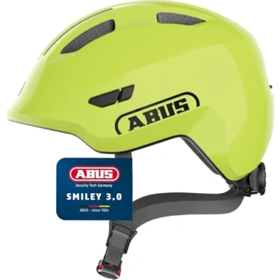 Abbildung von ABUS Kinderhelm Smiley 3.0 Fahrradhelm mit tiefer Passform, kindergerechten Designs &amp; Platz für einen Zopf Mädchen und Jungs Gelb Glänzend, Größe S