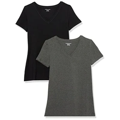 Abbildung von Amazon Essentials Damen Kurzärmeliges T Shirt mit V Ausschnitt, Klassischer Schnitt, 2er Pack, Dunkelgrau Meliert/Schwarz, XXL