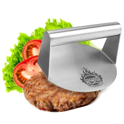Abbildung von com four® Burgerpresse aus Edelstahl 430 14 cm Burger Smasher spülmaschinenfeste Hamburgerpresse für gleichmäßige Patties Fleischbeschwerer perfekt Grill &amp; Pfanne