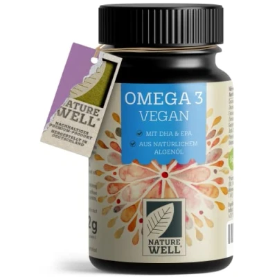 Abbildung von Omega 3 Vegan 60 Kapseln hochdosiert, 2000mg , Algenöl pro Tag mit 600mg DHA &amp; 300mg EPA, veganes aus nachhaltigem Anbau als Fischöl Alternative, laborgeprüft Zertifikat, NatureWell