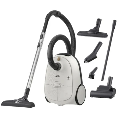 Abbildung von AEG AB61H6SW Staubsauger mit Beutel / hohe Saugleistung auf allen Böden inkl. Zusatzdüsen 50 % Recyclingkunststoff ideal für Asthmatiker, Allergiker, Haustierbesitzer 12 m Kabel 850 W weiß