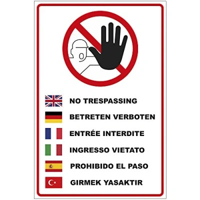Abbildung von Schild &quot;Betreten verboten&quot; in mehreren Sprachen aus Alu/Dibond 200x300 mm 3 stark