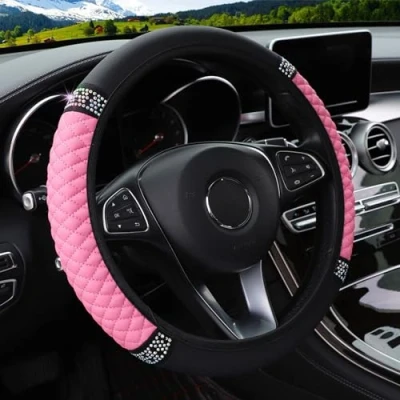 Abbildung von Lenkradbezug,Universalgröße 37 38CM Anti Rutsch Lenkradabdeckung,Bunte Glitzernde Kristall Strasssteine, Auto elastischer Lenkradschutz für Damen und Mädchen, Autozubehör die meisten Autos (Pink)