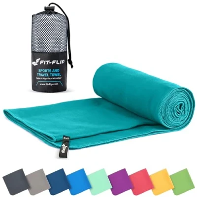 Abbildung von Fit Flip Mikrofaser Handtuch kompakte Microfaser Handtücher ideal als Sporthandtuch, Reisehandtuch, Strandtuch schnelltrocknend und leicht Badetuch groß (60x120cm, Petrol)