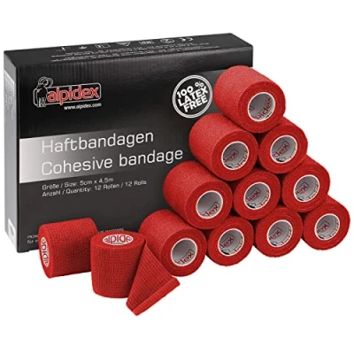 Abbildung von ALPIDEX 12 Rollen Haftbandage 5 cm x 4.5 m Selbstklebender Verband Pet Bandagen Fixierband Sport Vet Wrap Tape Selbsthaftend, Farbe:rot