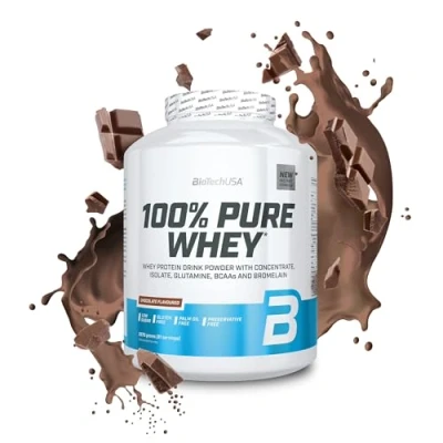 Abbildung von BioTechUSA 100% Pure Whey Proteinpulver mit BCAA und Glutamin Glutenfrei, Palmölfrei 21g Protein pro Portion, 2270 g, Schokolade_
