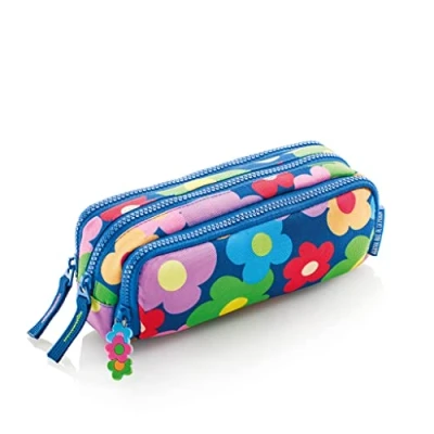 Abbildung von Miquelrius Doppel Federmäppchen, Größe, recyceltes Material, Reißverschluss, Metallgriffe mit Band, Agatha Ruiz de la Prada, Kollektion Flower, Blumen, Triple, Federmäppchen DREI Fächern, Größe