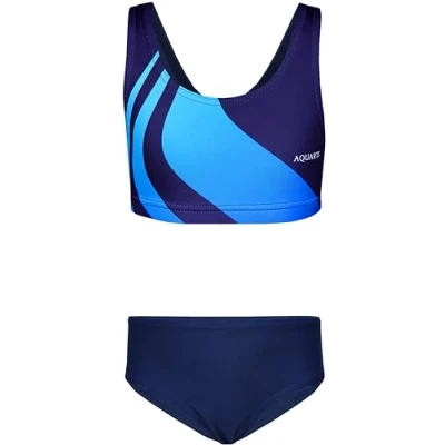Abbildung von Aquarti Mädchen Sport Bikini Racerback Bustier &amp; Bikinislip, Farbe: Wellen Blau Dunkelblau, Größe: 152