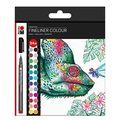 Abbildung von Marabu 0146000000104 Fineliner Graphix, Set Hypnotize, 24 brillante Farben, Strichstärke ca. 0,5 mm, wasserbasierte Pigment Tusche, metallgefasste Kunststoffspitze