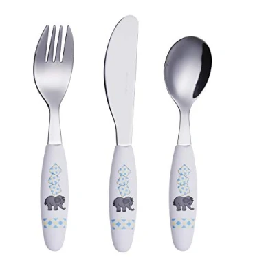 Abbildung von Exzact Kinderbesteck 3 teiliges aus rostfreiem Stahl/spülmaschinengeeignet Kinderbesteckset 1 x Gabeln, Menuemesser, Abendessen Löffel (Elefant 3)