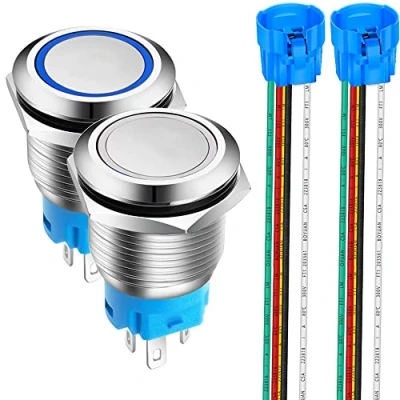 Abbildung von Gebildet 2Stücke 19mm Edelstahl Kurzzeitiger Drucktasten 12V 24V 5A LED 1NO1NC SPDT ON Off Wasserdichter Momentan Drück Knöpfe mit Steckdose Stecker (Blau + Weiß LED)