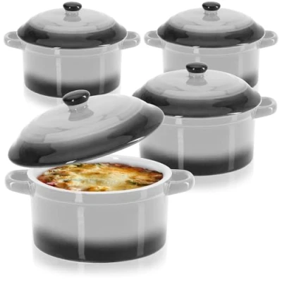 Abbildung von com four® 4x Auflaufform mit Deckel aus Keramik Dessertschale für Crème Brûlée Mini Schmortopf Ragout fin und Würzfleisch grau, ca. 250/175 ml je Form (4 Stück grau)