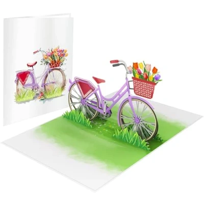Abbildung von LIMAH® Pop Up 3D Blumen Fahrrad Karte, Glückwunschkarte, Geschenkkarte, Überraschungskarte mit einem Damenrad und roten gut Kombinierbar Gutschein zum Geburtstag (Tulpen)