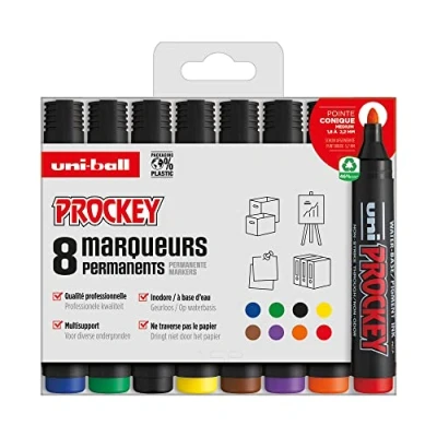 Abbildung von Uni ball Prockey Mitsubishi Pencil Permanentmarker PM122, multifunktional, wasserbasiert, geruchsneutral, mittlere konische Spitze, 1,2 1,8 mm, Null Kunststoffverpackung, 8 Farben