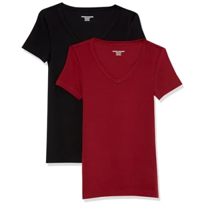 Abbildung von Amazon Essentials Damen Kurzärmeliges T Shirt mit V Ausschnitt, Schmale Passform, 2er Pack, Schwarz/Burgunderrot, L