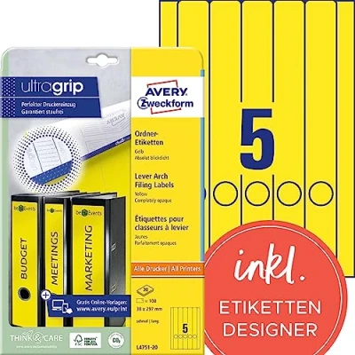 Abbildung von AVERY Zweckform L4751 20 Ordnerrücken Etiketten (100 Rückenschilder mit ultragrip, 38x297mm auf A4, schmal/lang, selbstklebend, absolut blickdicht, bedruckbare Ordneretiketten) Blatt, gelb