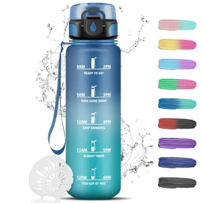 Abbildung von Trinkflasche 1L, Sport mit Filter, Auslaufsicher, Leicht zu Reinigen, Gym Zeitmarkierung, Wasserflasche für Fitness, Schule, Camping, Outdoor, Blau Grün