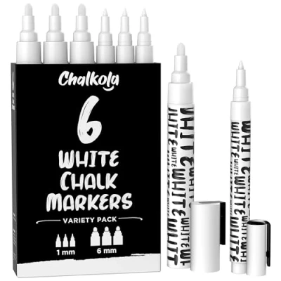 Abbildung von Chalkola Kreidestifte für Tafel Abwaschbar Weiß 6 Kreidemarker Weiss 1mm &amp; 6mm Spitze Kreidestift Fenster, Tafel, als Glasstift Chalk Markers alle Altersgruppen