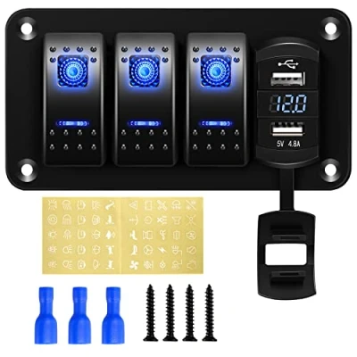 Abbildung von Rupse 12V 24VDC Schalter Panel, 3 Toggle Switch Aluminium Panel mit 4.8A Dual USB Ladebuchse+ Voltmeter Display, IP65 Wasserdichte EIN/AUS Kippschalter für Autos Boote Rvs LKWs Schaltkreis Steuerung