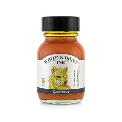 Abbildung von Octopus Write and Draw Ink 382 Yellow Wolf, wasserfeste Tinte zum Schreiben und Zeichnen, Kalligraphietinte, lichtechte Zeichentusche für Füllhalter, gelb, 50 ml