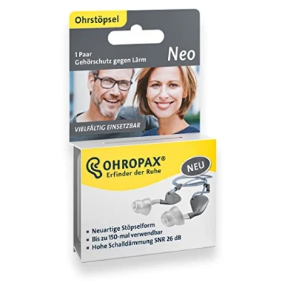 Abbildung von OHROPAX Neo Ohrstöpsel in neuartiger Stöpselform Gehörschutz gegen Lärm vielseitig einsetzbar 150 mal wiederverwendbar 1 Paar Größe M L