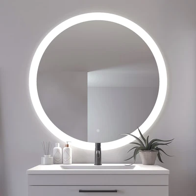 Abbildung von Loevschall Vega Runder Badspiegel mit Beleuchtung, 100 cm, Smart LED Spiegel Dimmbar Touch Funktion, Badezimmerspiegel Front und Hintergrundbeleuchtung, CRI 90 für Natürliche Farben, IP44