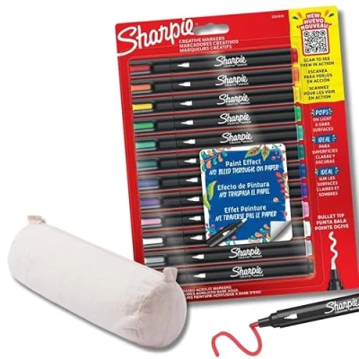Abbildung von SHARPIE Creative Marker Acryl Farbstifte Rundspitze 12 Stück + Federmäppchen aus Baumwolle zur Personalisierung