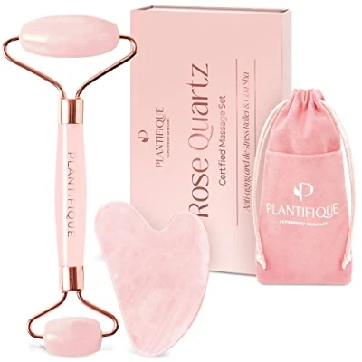 Abbildung von Plantifique Rosenquarz Roller und Gua Sha Stein Natürlicher Guasha Gesichtsroller Gesichtsmassage Für Augenschwellungen Hautstraffung von Gesicht Face Massager
