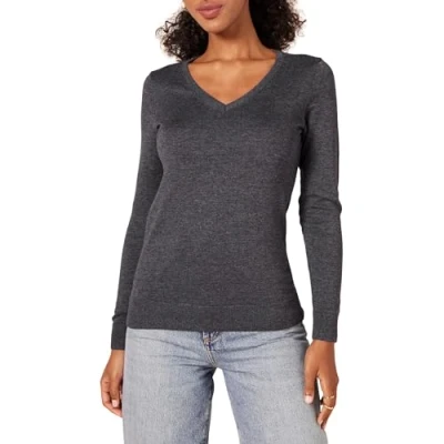 Abbildung von Amazon Essentials Damen Leichter, Langärmeliger Pullover Mit V Ausschnitt, Klassischer Schnitt (Erhältlich In Übergröße), Dunkelgrau Meliert, XL