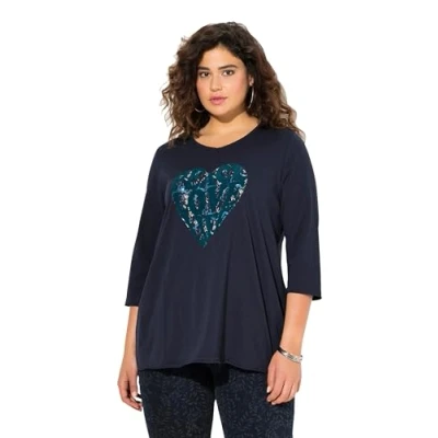Abbildung von Ulla Popken Damen große Größen Übergrößen Plus Size Shirt, Herzmotiv, A Linie, V Ausschnitt, Langarm
