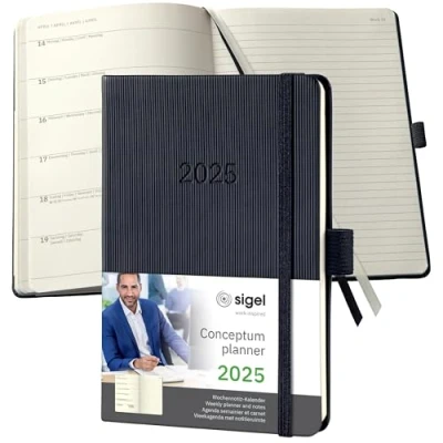 Abbildung von SIGEL C2515 Terminplaner Wochennotiz Kalender 2025, ca. A6, schwarz, Hardcover, 176 Seiten, Gummiband, Stiftschlaufe, Archivtasche, aus nachhaltigem Papier, Conceptum